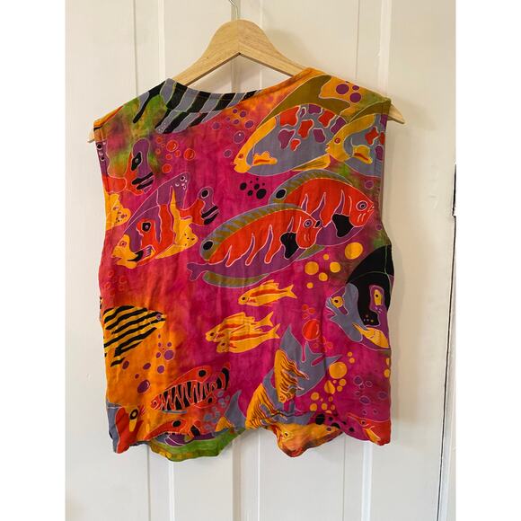 Vintage The Monkeys Designs rayon vest wooden buttons adult large fish Batik - Picture 2 of 5